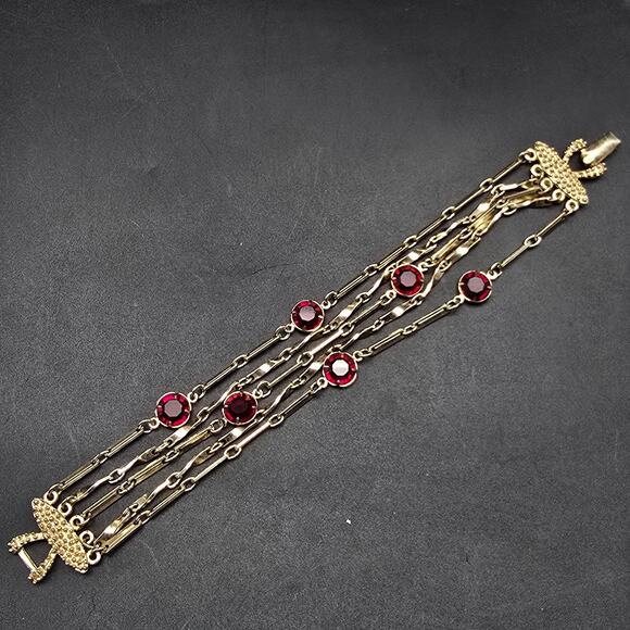 Coro Gold Tone Chain Bracelet with Red Rhinestones Layered Vintage Jewelry - Picture 8 of 11